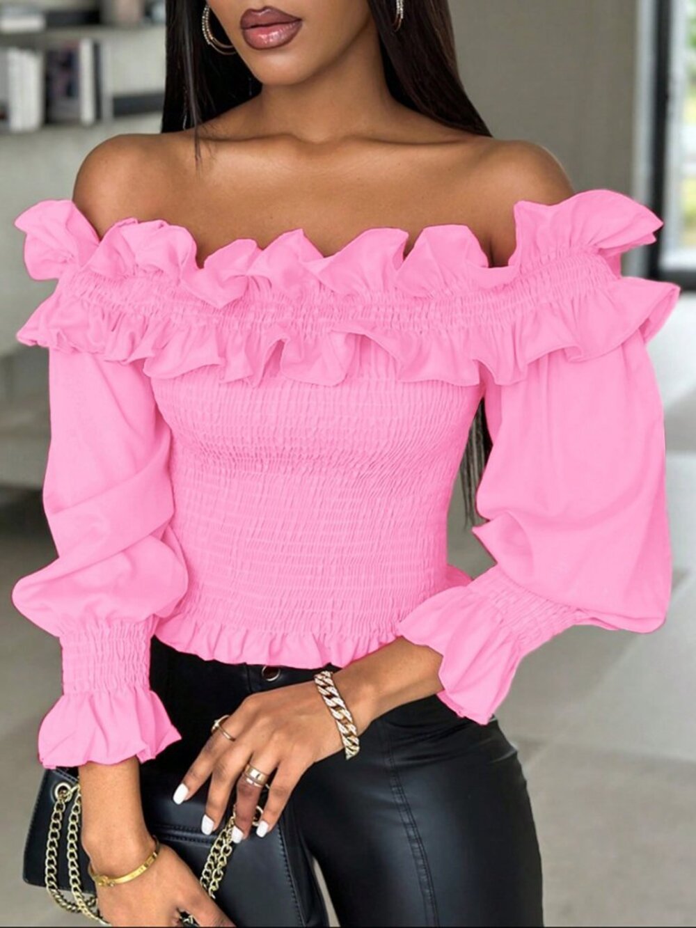 Pink Casual Women's Ruffle Decor Off Shoulder Cropped Top - Picture 5 of 6